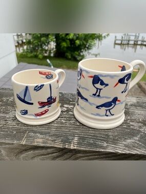 Two Emma Bridgewater Nautical Ceramic Mug – Blue & Red Seabird and Boat Design